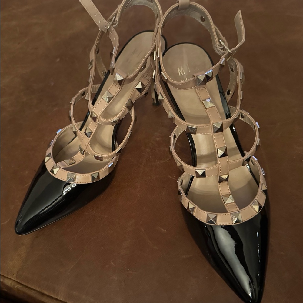 Mix No. 6 Black Patent Heels with Tan Studded Straps